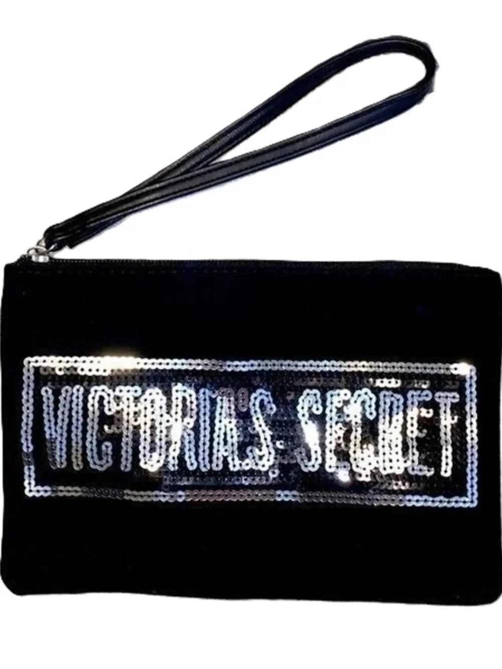 VICTORIAS SECRET Wristlet Black with Silver Sequins 6 x 9 inches